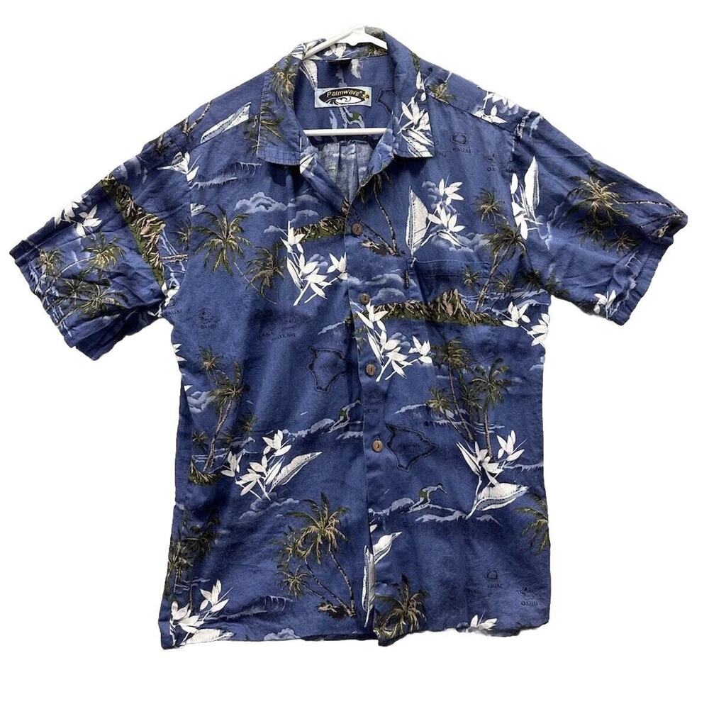 Vintage Hawaiiian Camp Shirt Mens XL Short Sleeve Palm Tree Hawaii Palmwave